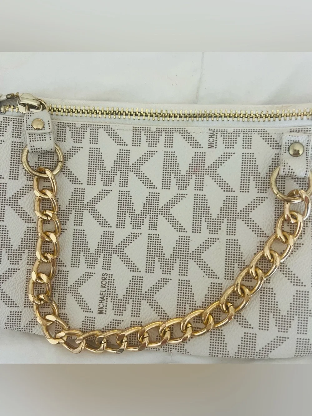 Michael Kors White Logo Fanny Pack with Gold Chain Strap